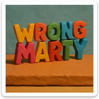 'Wrong Marty' flashy 3D text, sculpted and colorful claymation style sticker