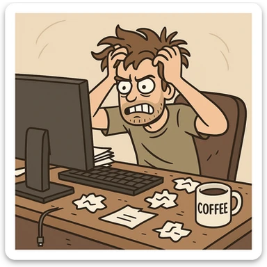 frustrated developer at work sitting at a desk with a computer hands in hair stressed expression messy workspace coffee mug cartoon style sticker