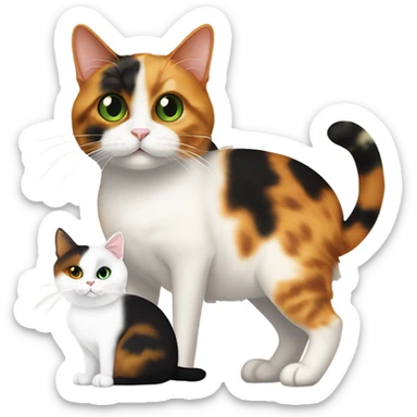 caliby-and-white cat with white paws and green eyes, next to a skinny dark tortoiseshell cat with orange eyes and a cream colored marking above its mouth sticker