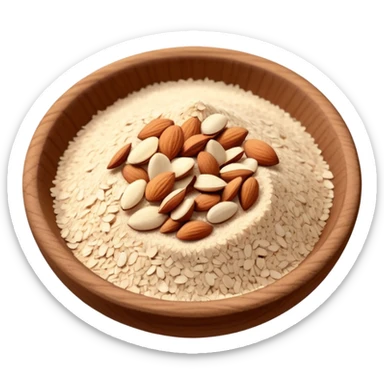 small pile of finely ground almonds, pale ivory, fine grainy texture, dry and uneven, scattered crumbs, natural, no faces, minimal sticker