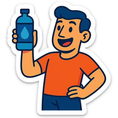 a man with a water bottle, water drop logo on the bottle, vibrant toon style sticker