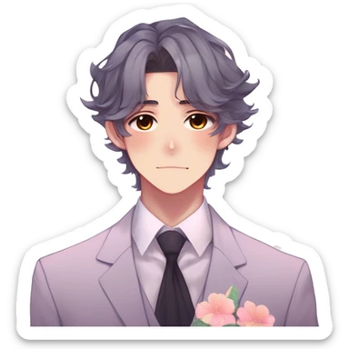 Gorgeous romantic hot attractive anime style formal modern gentlemanly anime shojo guy with pretty hair and flower petals and blushing face aesthetic trending style with colorful gradient colors  pastelcore cottagecore kawaiicore sticker