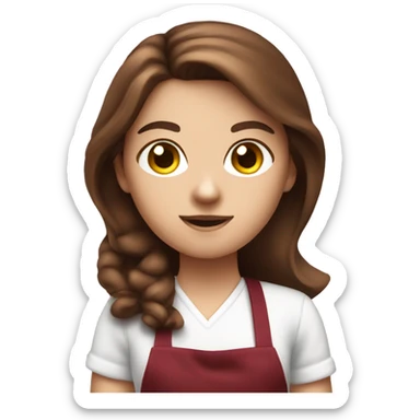 a white girl with long brown hair in a burgundy apron with a vacuum cleaner in his hands sticker