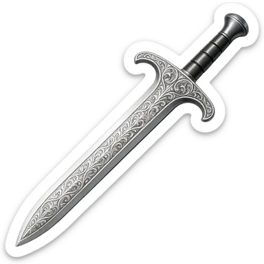 Engrave this steel sword with elegant silver engravings, keep it crisp, shiny, and slightly fancier than iron, realistic metallic steel, emoji style. Transparent background. sticker