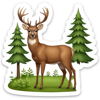 Whitetail buck standing on a hillside with trees and brush in the background. sticker