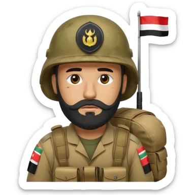A very tired and sad, swarthy Iraqi soldier with a beard, an Iraqi flag on his helmet, a sad expression and bags under his eyes sticker