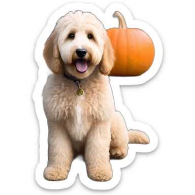A goldendoodle with black and grey spots, sitting by a jackolantern sticker