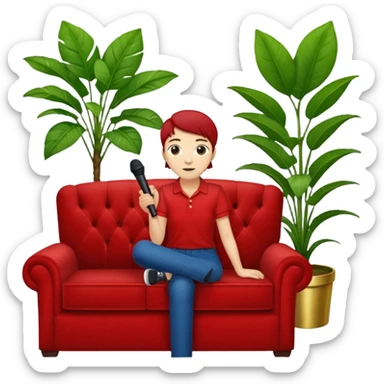 red velvet luxury couch with a single stand mic in front and houseplant in back sticker