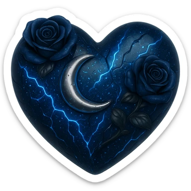 Edit the image to depict a blue gothic heart made of deep blue glass with a silver crescent moon, blue-black roses, iridescent stardust, neon blue lightning, wet and splintered glass texture. The style should resemble 3D emoji style. Remove the background. sticker