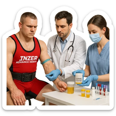 European powerlifter in federal competition, wearing competition clothing, undergoing anti-doping controls, medical staff present, realistic atmosphere, laboratory details, isolated on white background sticker