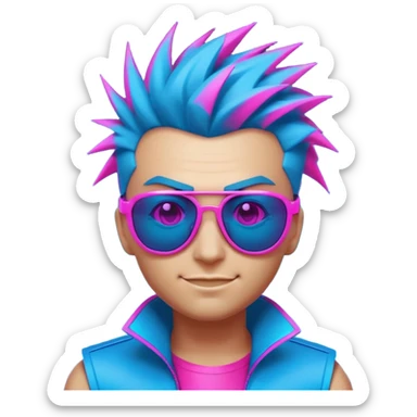emoji that screams 'sick' and 'cool' -- think edgy, bold, glowing with neon vibes, maybe a smirk, sunglasses, and spiked hair, set against a pulsing cyberpunk city skyline. sleek, futuristic faces with glowing eyes, sharp angles, and vibrant colors like electric blue and neon pink sticker