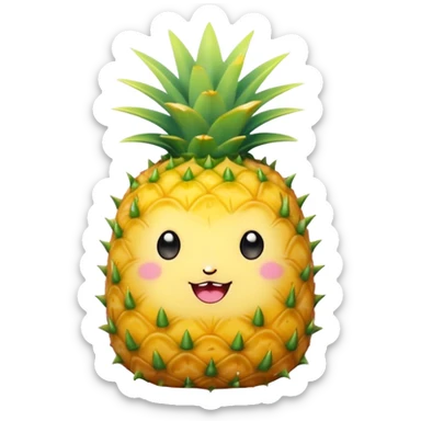 Cute Kawaii Pineapple, tiny and round, bright golden yellow with a spiky green top, chubby cheeks, playful winking expression, soft pastel textures, sweet and tropical vibes! sticker
