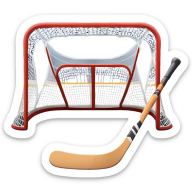 An icon showing a close-up of a hockey stick, puck, skates, and hockey net placed on the ice. The background features a packed stadium with bright lights, cheering fans, and snowy scenery outside. Transparent background highlights the key elements of the game. sticker