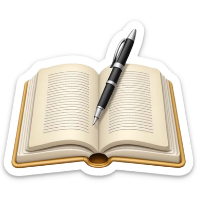"A white open book,The pen should be positioned as placed exactly in the center between the pages.  if held by a right-handed person - meaning the direction is reversed compared to a left-handed grip. The pen should be uncapped, and the cap placed behind it." Create me a Digital emoji sticker