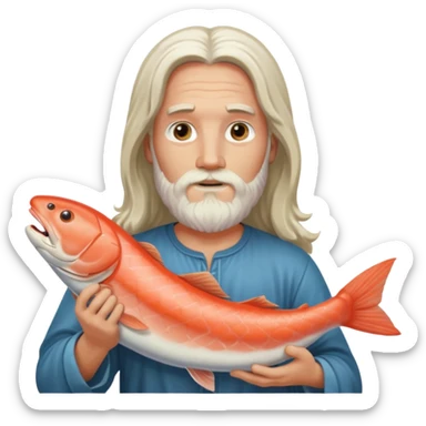 a white Jesus with a long beard holding a salmon sticker