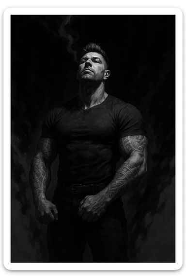 a muscular man with spiky hair stands in a powerful pose sticker