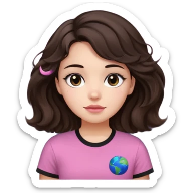 I want to design a girl with wavy hair that is dark brown, close to black And you wear a T-shirt Its color above the neck and sleeves is black The bottom is white, with a star and the planet Saturn on it Her eyes are also dark brown, and her cheeks are pink sticker