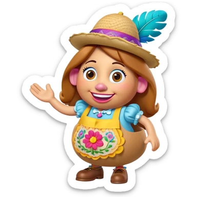 Create a 3D Pixar-style Mrs. Potato Head character with a rounded, slightly uneven shape, expressive eyes, a wide smile, and cartoonish limbs, dressed in a colorful apron with intricate embroidery, a vibrant hat adorned with a feather sticker
