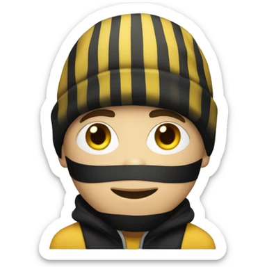 yellow bank Robber with white and black striped clothing and beanie sticker