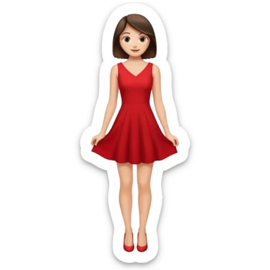 Cartoon emoji of a young brunette woman with fair-medium skin, brown eyes, wearing a red outfit. Full-height, standing confidently in a red dress  posing sexy with a smile and relaxed posture. Smooth, friendly, stylized, make up on, flirty eyes and smile in a sexy position  sticker