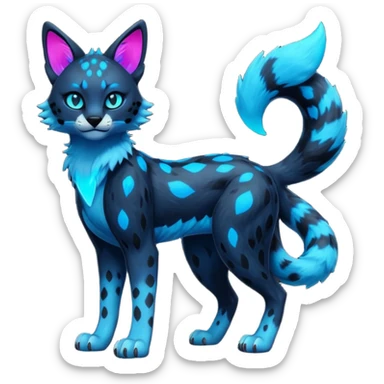 Realistic Obsidian-pitch-black fur body with neon-glowing-blue ring-markings Grem2-Gremz-Serval-Sergal-fusion, full body  sticker