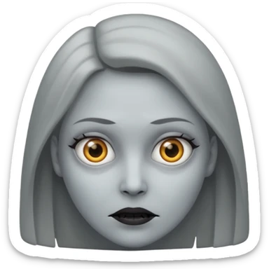 woman with gray skin and white eyes and a creepy face sticker