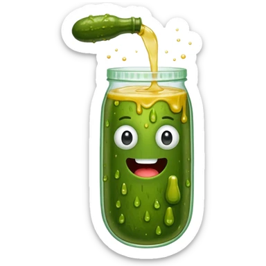 a cartoon pickle with juice squirting from the top of it, being squeezed by a hand sticker