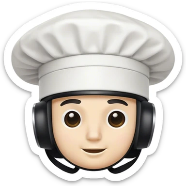 Blacked out motorcycle helmet with a white chefs hat on top sticker