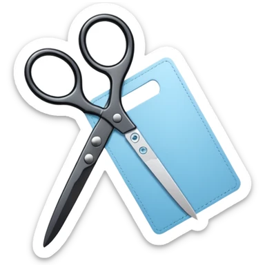 Floating black Scissors cutting a light blue idf ID card in 2 parts .hyper realistic sticker
