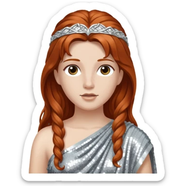 Diana from Roman Deities with long auburn hair, silver sequin toga sticker