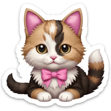 Brown, white, and black fluffy kitten sitting or laying down with a pink bow on her right ear sticker