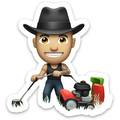 A muscular white man with tattoos cutting grass with a lawn mower wearing a tophat sticker