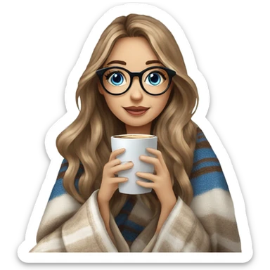 Balayage hair Girl drinking coffee, with a cozy blanket wearing glasses with blue eyes photo beautiful  sticker