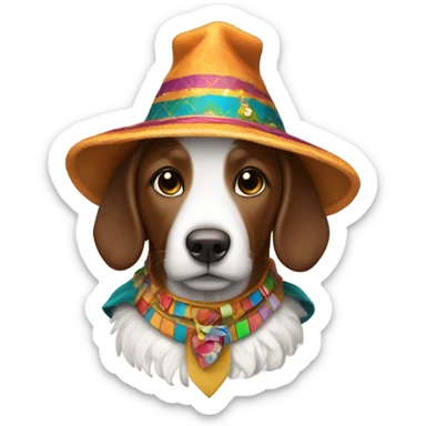 Brown and white doodle with a costume sticker