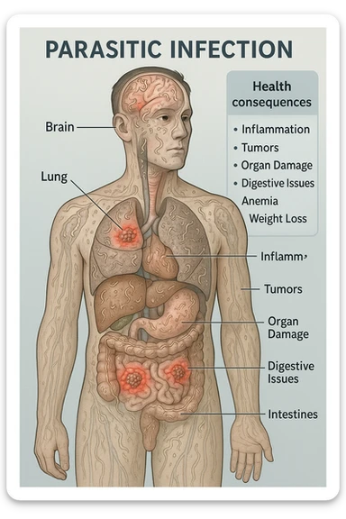 a semi-transparent view of a man’s body reveals numerous parasitic organisms inside his organs and tissues. Some areas are highlighted with red or inflamed zones, and small tumor-like masses are visible where the parasites cluster. The background is clinical and educational, with labels pointing to affected organs and a sidebar showing the health consequences. sticker