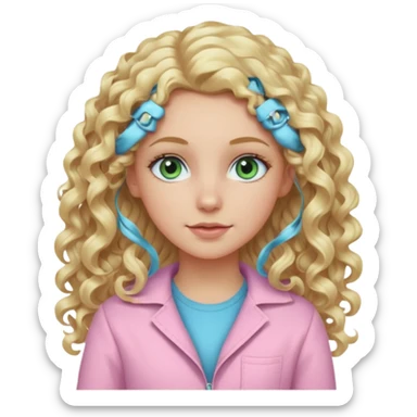 A white girl with long blonde curly hair and blue and green eyes wearing light pink sticker