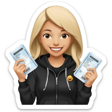 Hilarious, blunt, high energy, and adventurous. woman in hoodie laughing with plane tickets  sticker