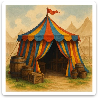 a colorful middle ages tent shop, striped fabric, open flaps, barrels and crates, medieval fair setting sticker