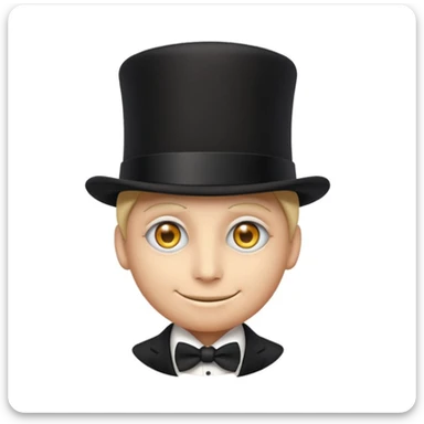 understated elegant emoji character in a black suit and top hat, subtle all-seeing eye pin, mysterious smile, dark exclusive background evoking secrecy and power sticker