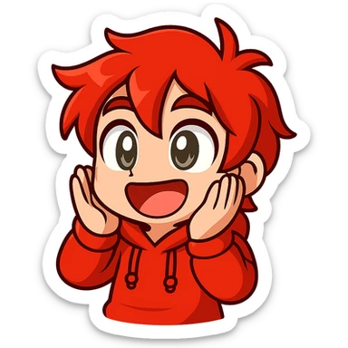 Extract the bottom right character wearing a red hoodie with red hair as a fully visible, separate image with a transparent background, keeping the original chibi stickers cartoon style and appearance. sticker