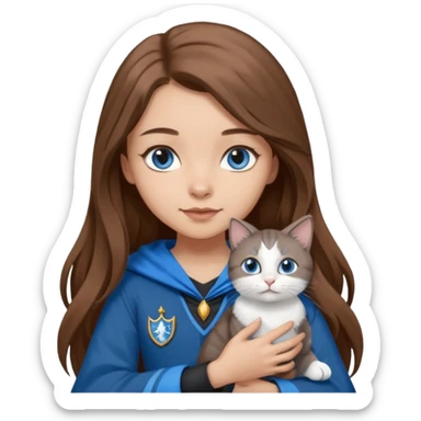 gorgeous Girl with light skin, blue eyes, long brown hair, wears a ravenclaw outfit, with a grey and white cat holding in her arms sticker