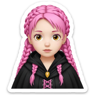 pink braids hair kid girl, white skin, wear black cloak sticker