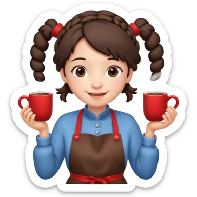 A cozy pig tail hair vendor with fluffy earmuffs, wearing apron handing out steaming cocoa with a warm smile. sticker