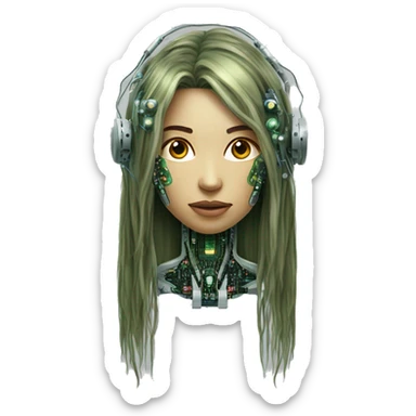 Olive green long hair female cyborg head with circuits sticker