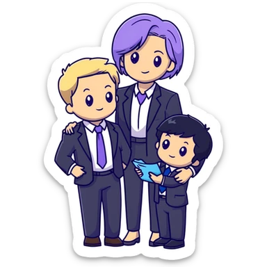 The Parr family from Incredibles in civilian clothes - Bob in business suit, Helen in casual clothes, Violet teen with black hair, Dash blonde boy, baby Jack-Jack sticker