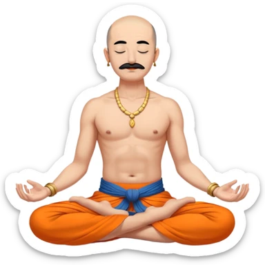 сossack with bold head, very long 15 inch black mustache, lock of black hair sprouting from the top of the shaven head, meditating bare torso with closed eyes in lotus pose in long orange indian dhoti covering the legs sticker