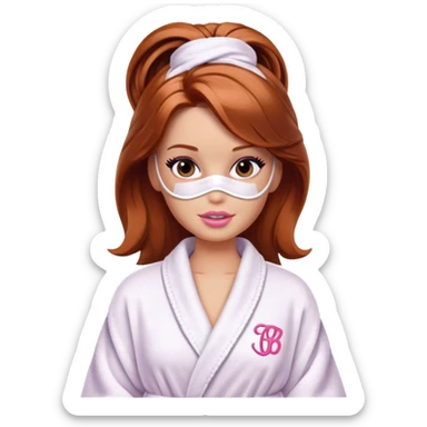 A Barbie face with shoulder-length reddish-brown hair, makeup, a smeared face mask, and a bathrobe. sticker