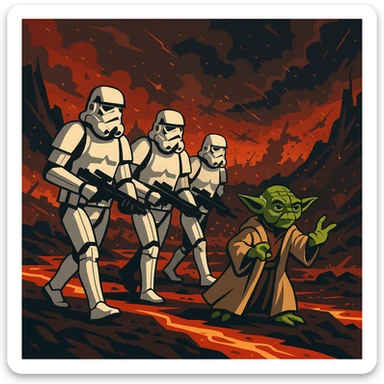 vector art of a Starwars stormtroopers is walking on lava planet with yoda, battleground background

 sticker