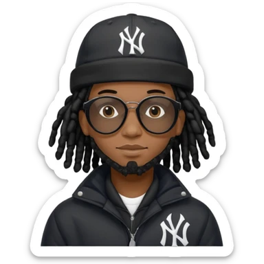 African American man brown skin complexion with black dreadlocks shoulder length wearing black bubble winter coat wearing black sunglasses wearing a New York Yankees fitted baseball hat sticker