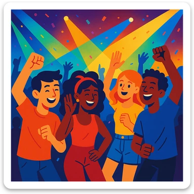 group of friends dancing at a music concert, colorful lights, lively atmosphere sticker